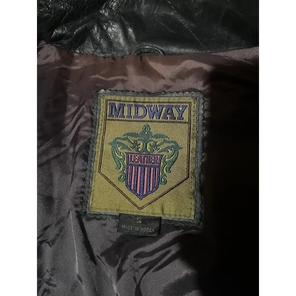 Vintage 80s Midway Leather Bomber Jacket Mens Small Sage Green Slate Flight Coat